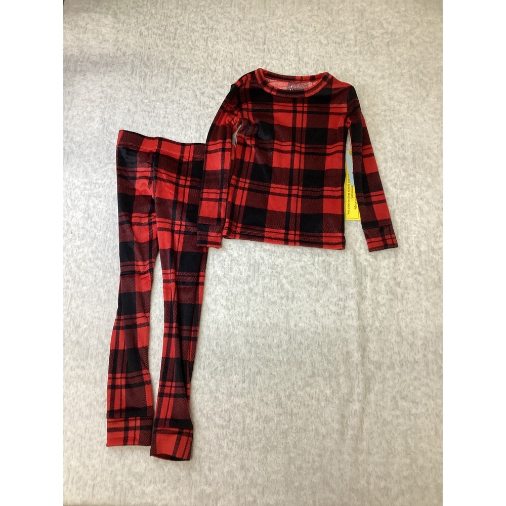 Cat & Jack Kids Red Black Buffalo Plaid Fleece Pajama Set Size 4 Snug Fit PJ‎
